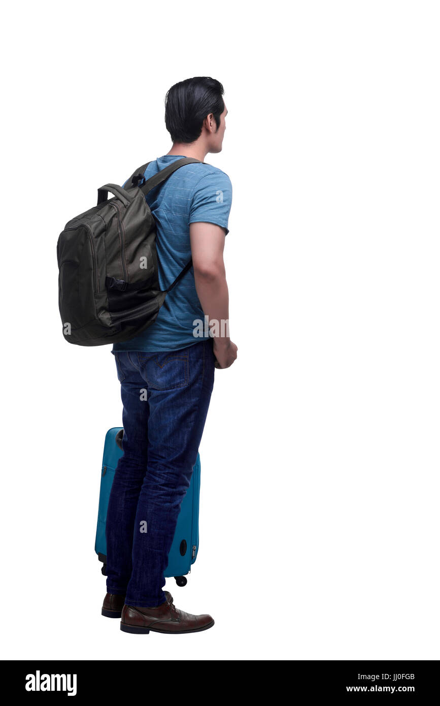 Back view asian tourist is standing carrying backpack isolated over white background Stock Photo