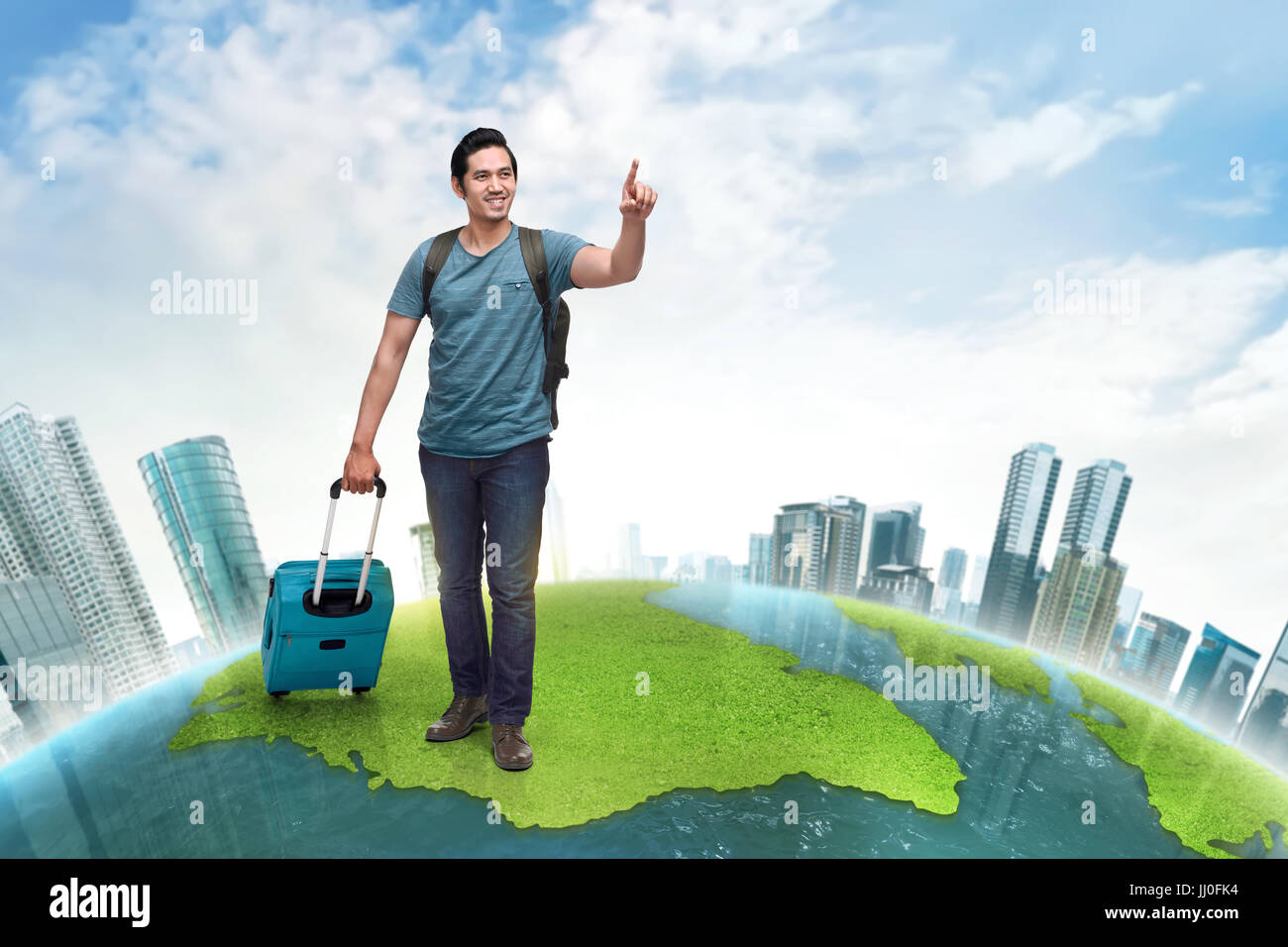 Handsome asian backpacker with suitcase traveling around the world over futuristic background Stock Photo