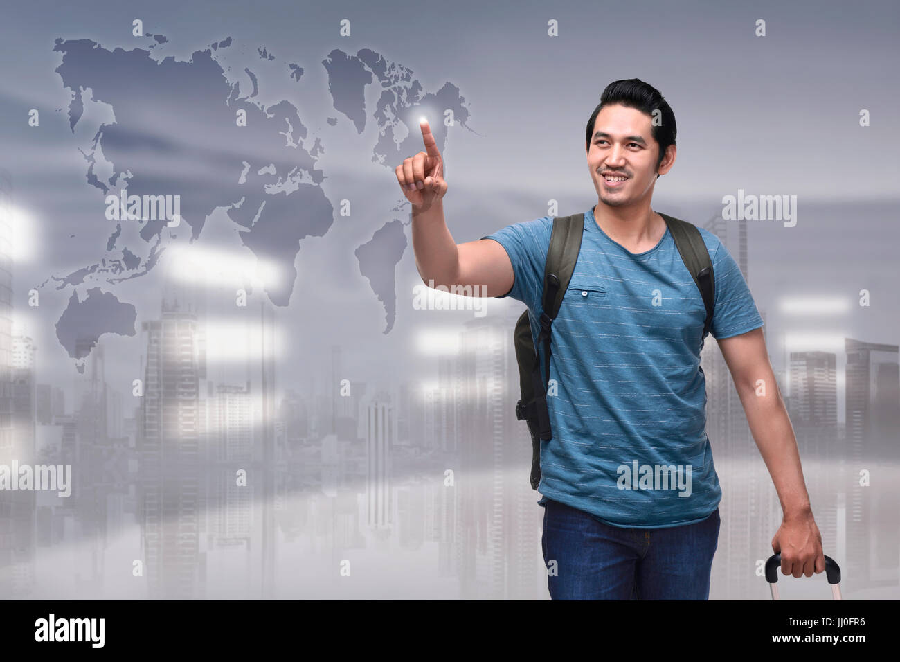 Portrait of asian tourist with suitcase going to traveling. Travel concept Stock Photo