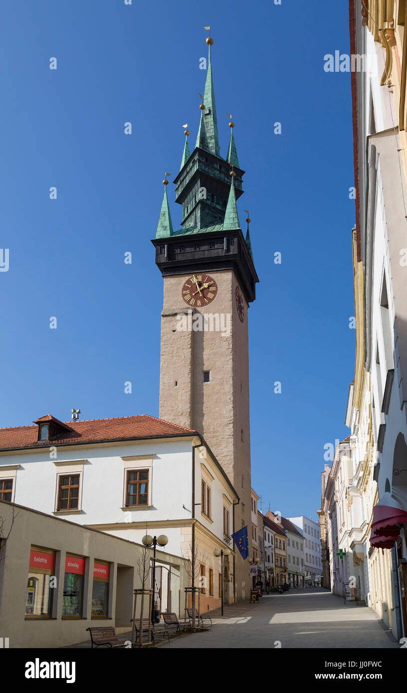 City hall tower in Znaim, S?dm?hren, Czechia - Tower of Townhall in Znojmo, South Moravia, Czech Republic, Rathausturm in Znaim, Südmähren, Tschechien Stock Photo