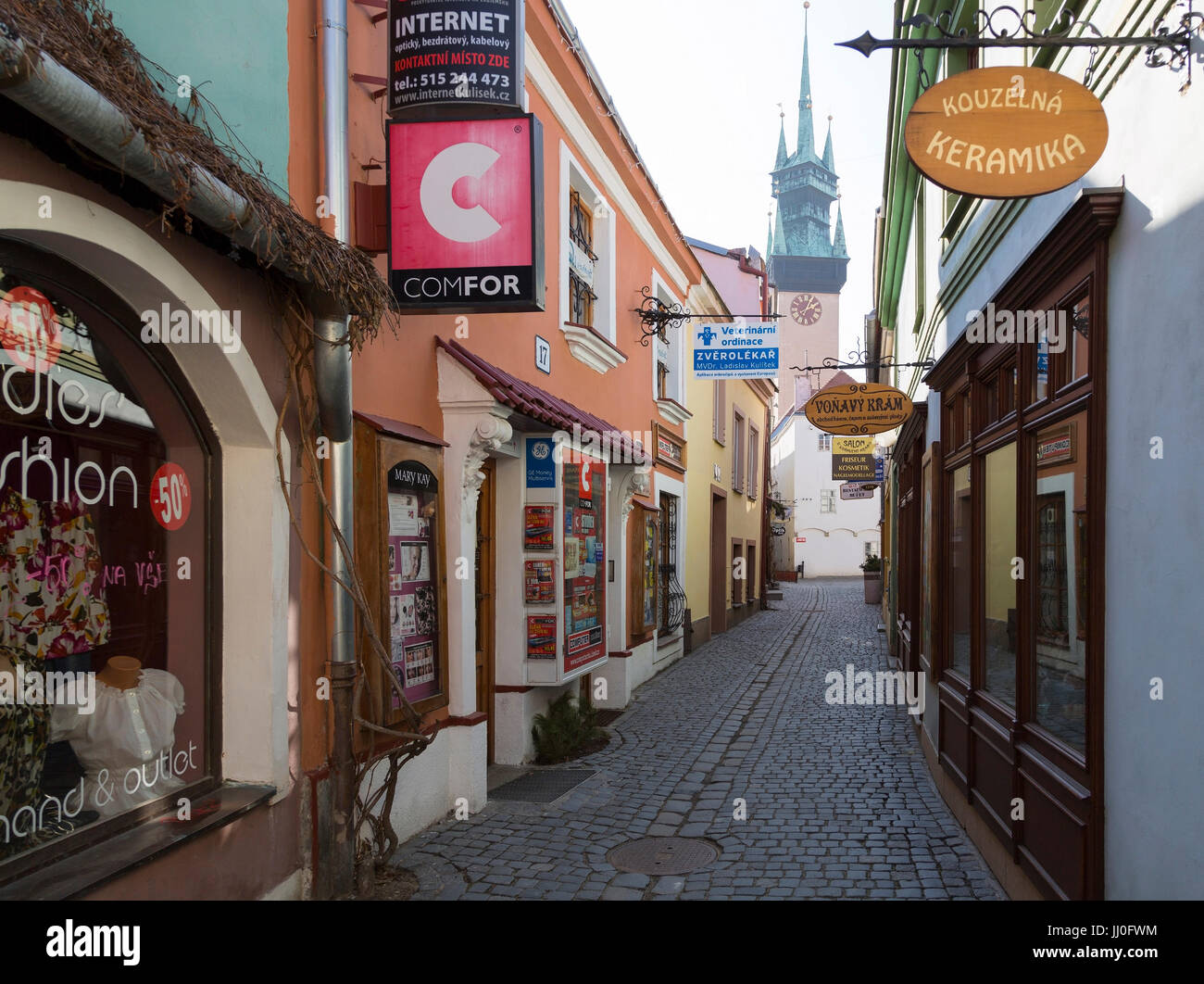 Old Town lane, shopping street in Znaim, S?dm?hren, Czechia - Alleyway, shopping street in Znojmo, South Moravia, Czech Republic, Altstadtgasse, Einka Stock Photo