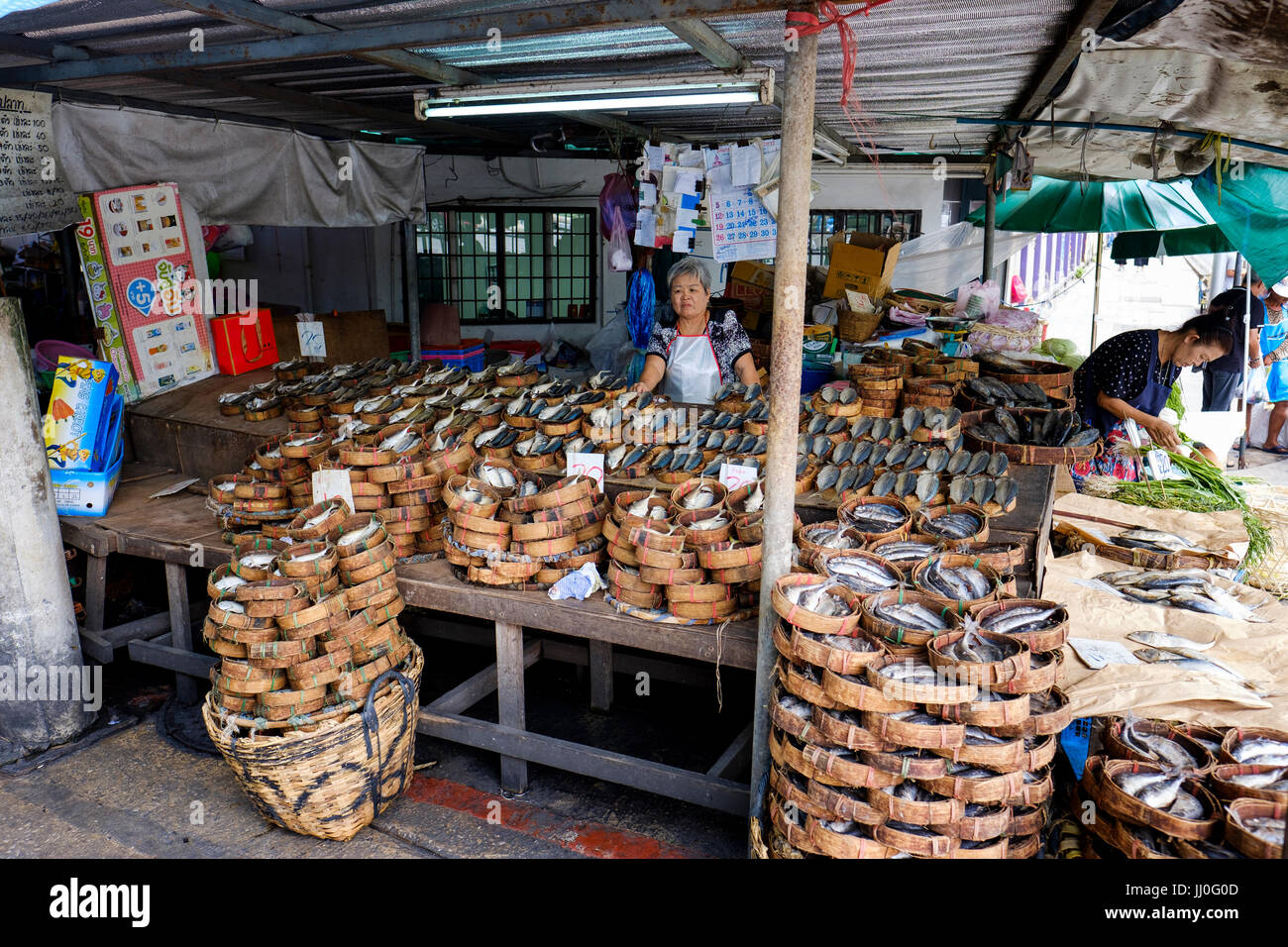 A stall selling mackerel fish at Thewet Market, Phra Nakhon District, Bangkok Thailand. Stock Photo