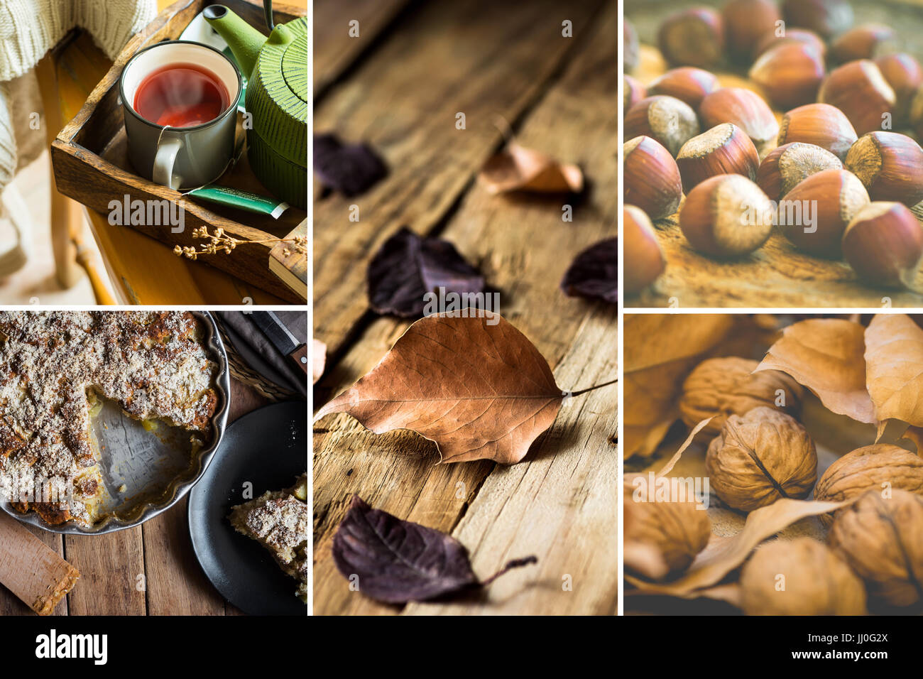 Photo collage, autumn, fall, dry brown red leaves, walnuts hazelnuts, apple cake, mug with red fruit tea, book, cozy atmosphere, kinfolk, hygge style Stock Photo