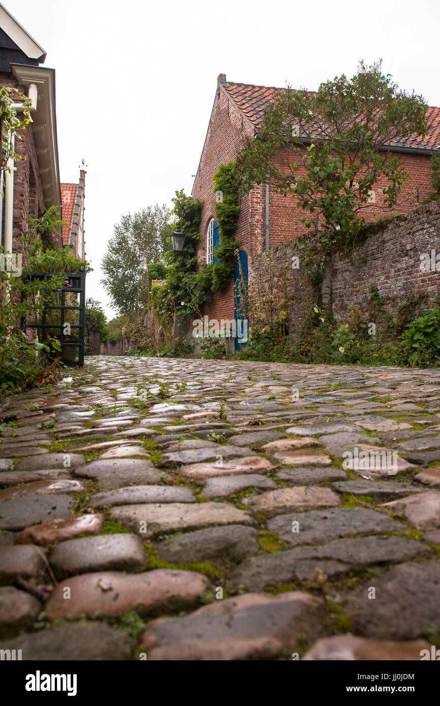 Europe, Netherlands, Zeeland, the village Veere on the peninsula Walcheren, lane with cobblestone in the old part of the village. Stock Photo