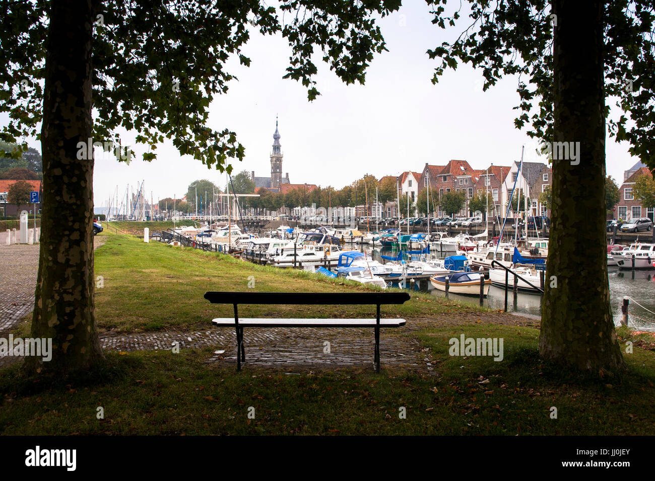 Europe, Netherlands, Zeeland, the village Veere on the peninsula Walcheren, the harbor, in the background the steeple of the town hall. Stock Photo
