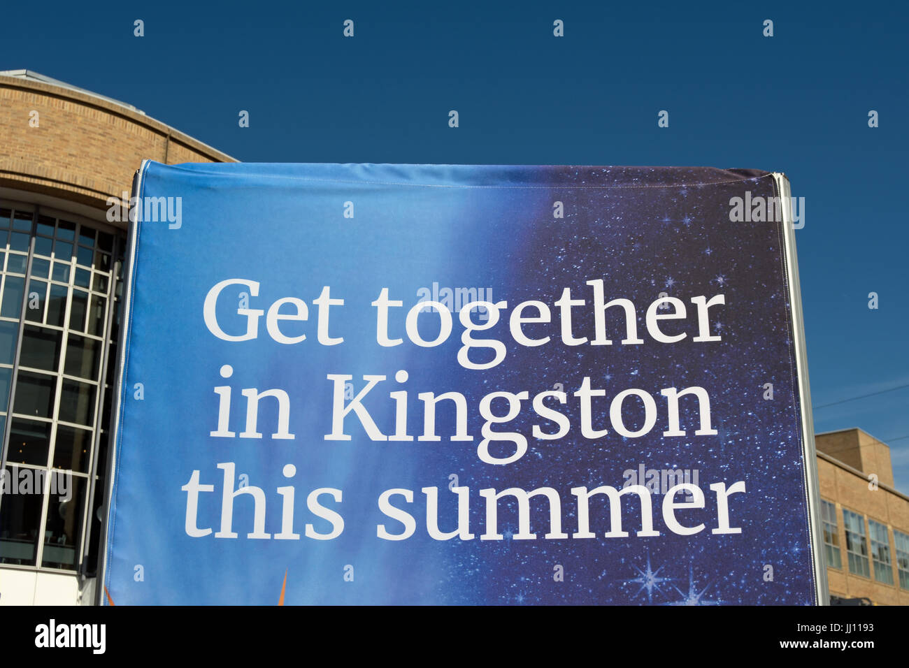 get together in kingston this summer, promotional sign to encourage tourism and local activities in kingston upon thames, surrey, england Stock Photo