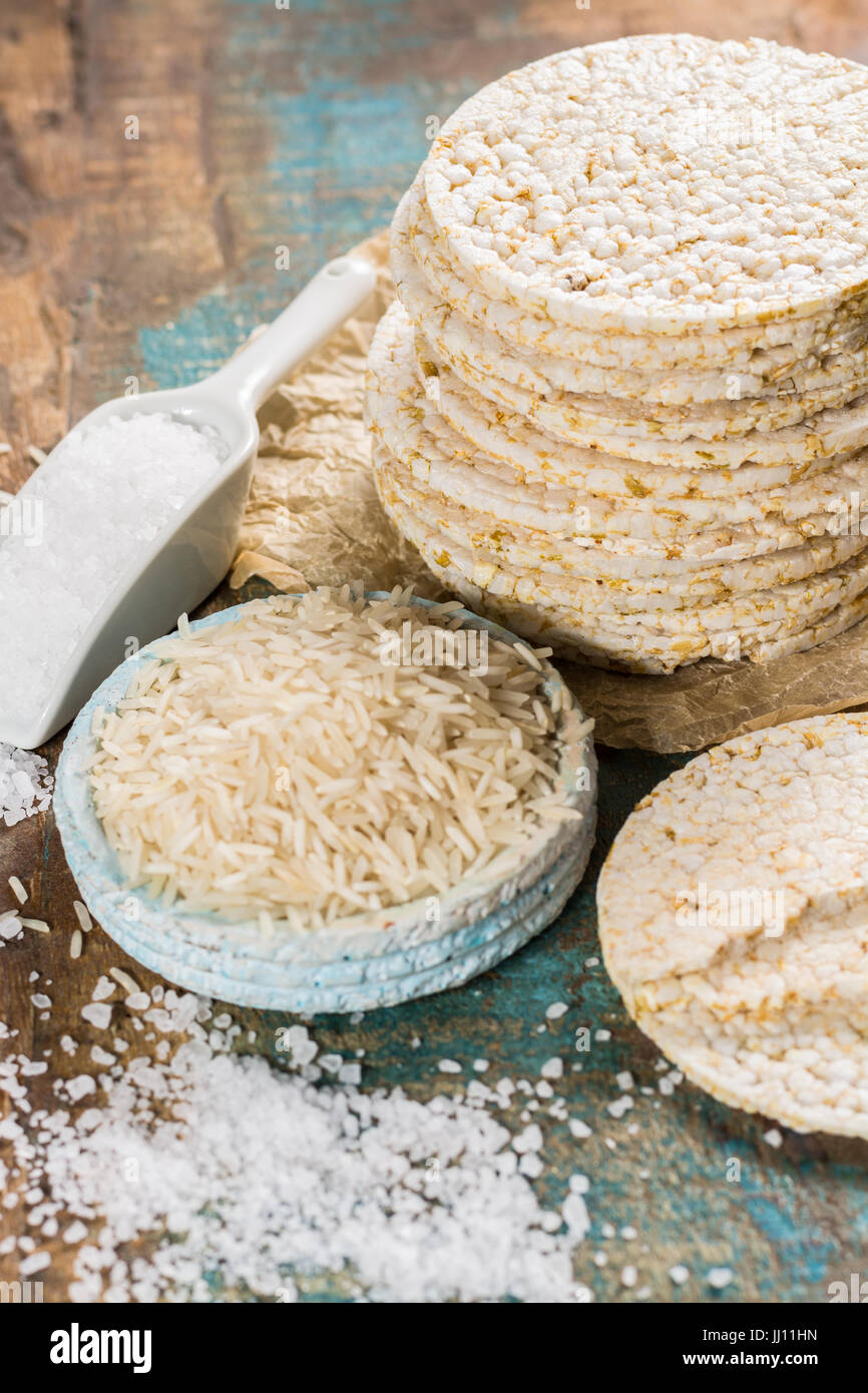 Healthy puffed rice cakes crackers stacked with sea salt close up Stock