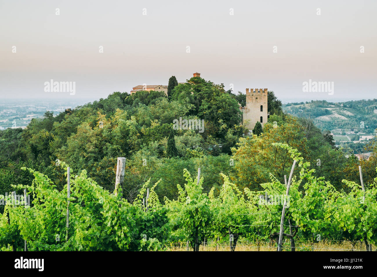 The ancient Monteveglio Abbey viewed from the vineyard in front of. Bologna province, Italy. Stock Photo