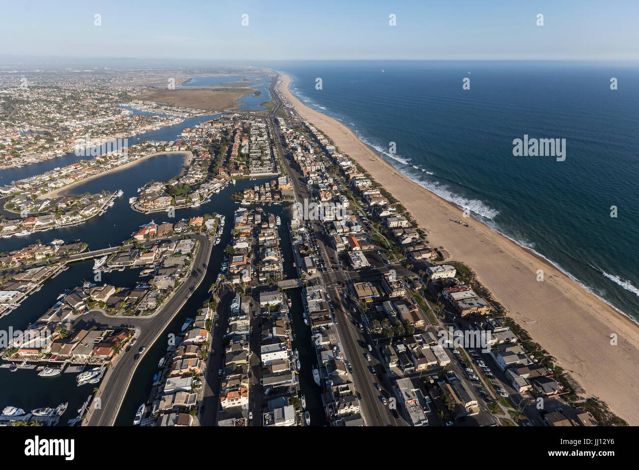 Sunset Beach waterfront homes aerial view in Orange County California