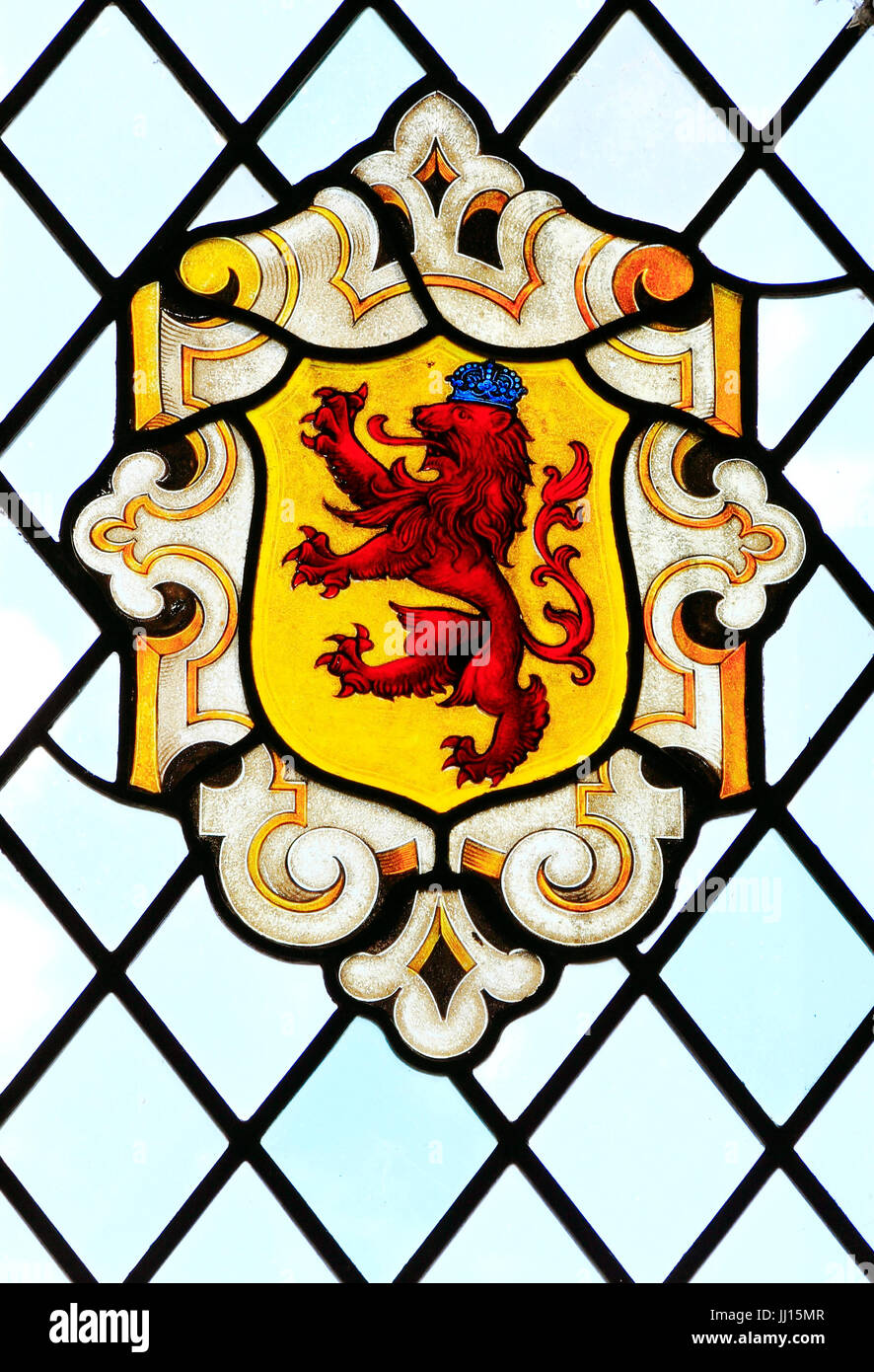 Heraldic stained glass window, East Barsham Manor, Norfolk, England, UK Stock Photo