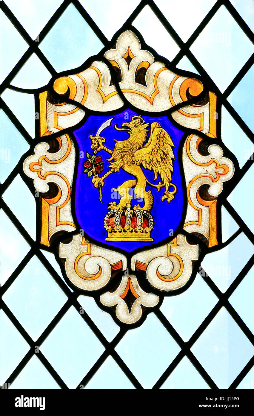 Heraldic stained glass window, heraldry, East Barsham, Manor House, Norfolk, England, UK Stock Photo