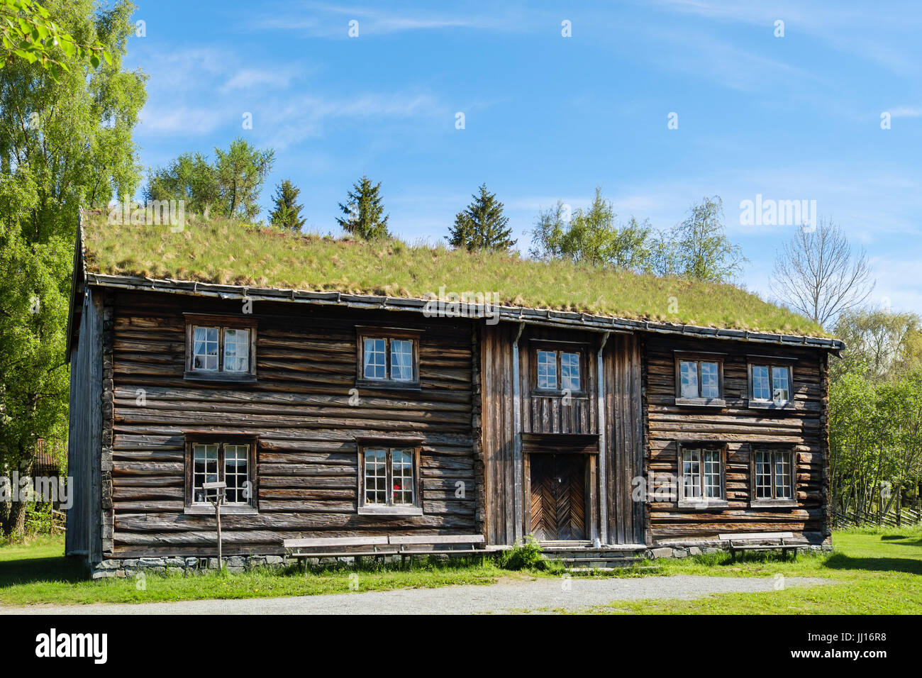 Old wooden farmhouse with traditional Norwegian turf roof in Sverresborg Trøndelag Folk Museum. Trondheim, Sør-Trøndelag, Norway, Scandinavia Stock Photo
