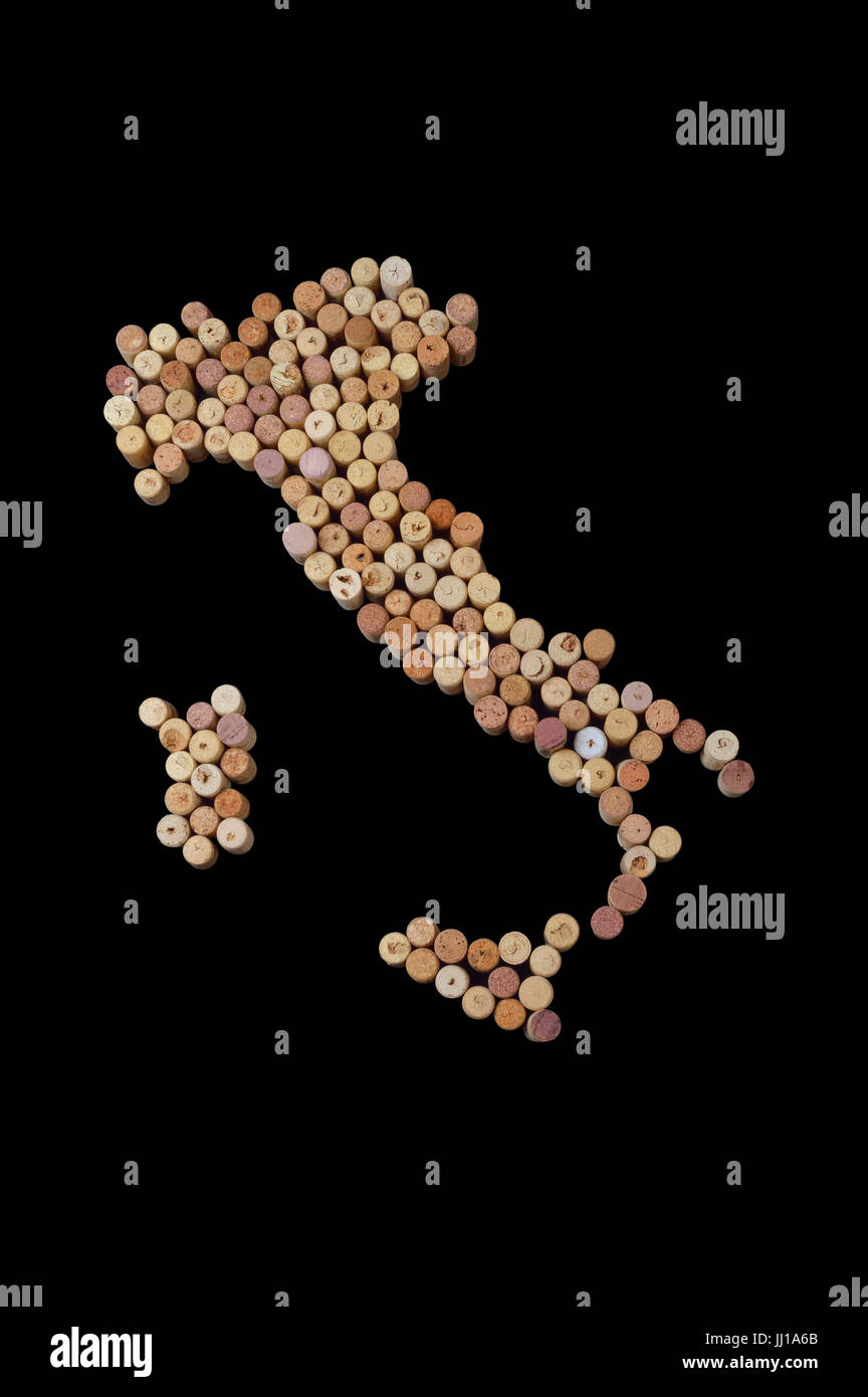Wine-producing countries - maps from wine corks. Map of Italy on black background. Clipping path included. Stock Photo