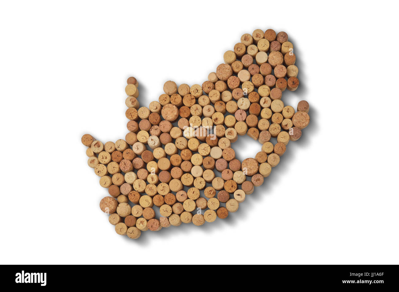 Wine-producing countries - maps from wine corks. Map of South Africa on white background. Clipping path included. Stock Photo