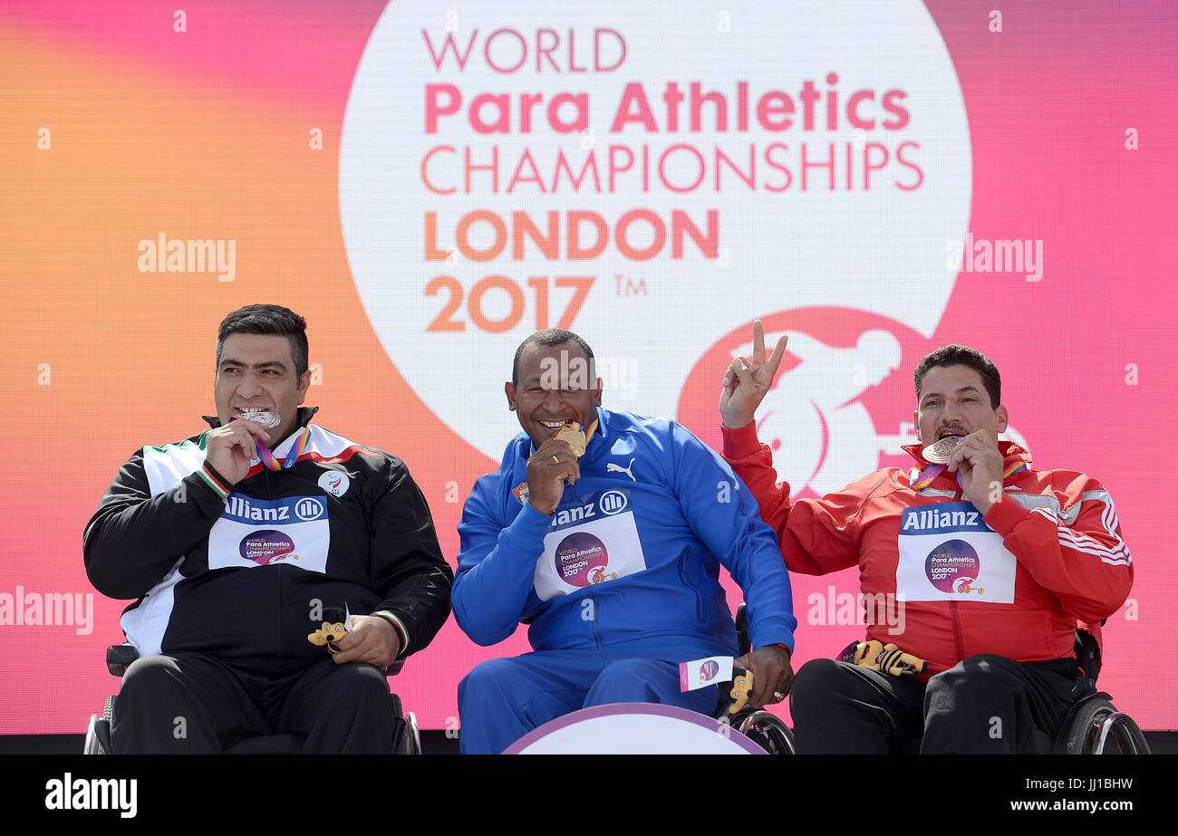 Islamic Republic of Iran's Ali Mohammadyari, Cuba's Leonardo Diaz and Egypt's Ibrahim Ibrahim after the Men's Discus Throw F56 Final during day four of the 2017 World Para Athletics Championships at London Stadium. PRESS ASSOCIATION Photo. Picture date: Monday July 17, 2017. See PA story Athletics Para. Photo credit should read: Victoria Jones/PA Wire. RESTRICTIONS: Editorial use only. No transmission of sound or moving images and no video simulation. Stock Photo