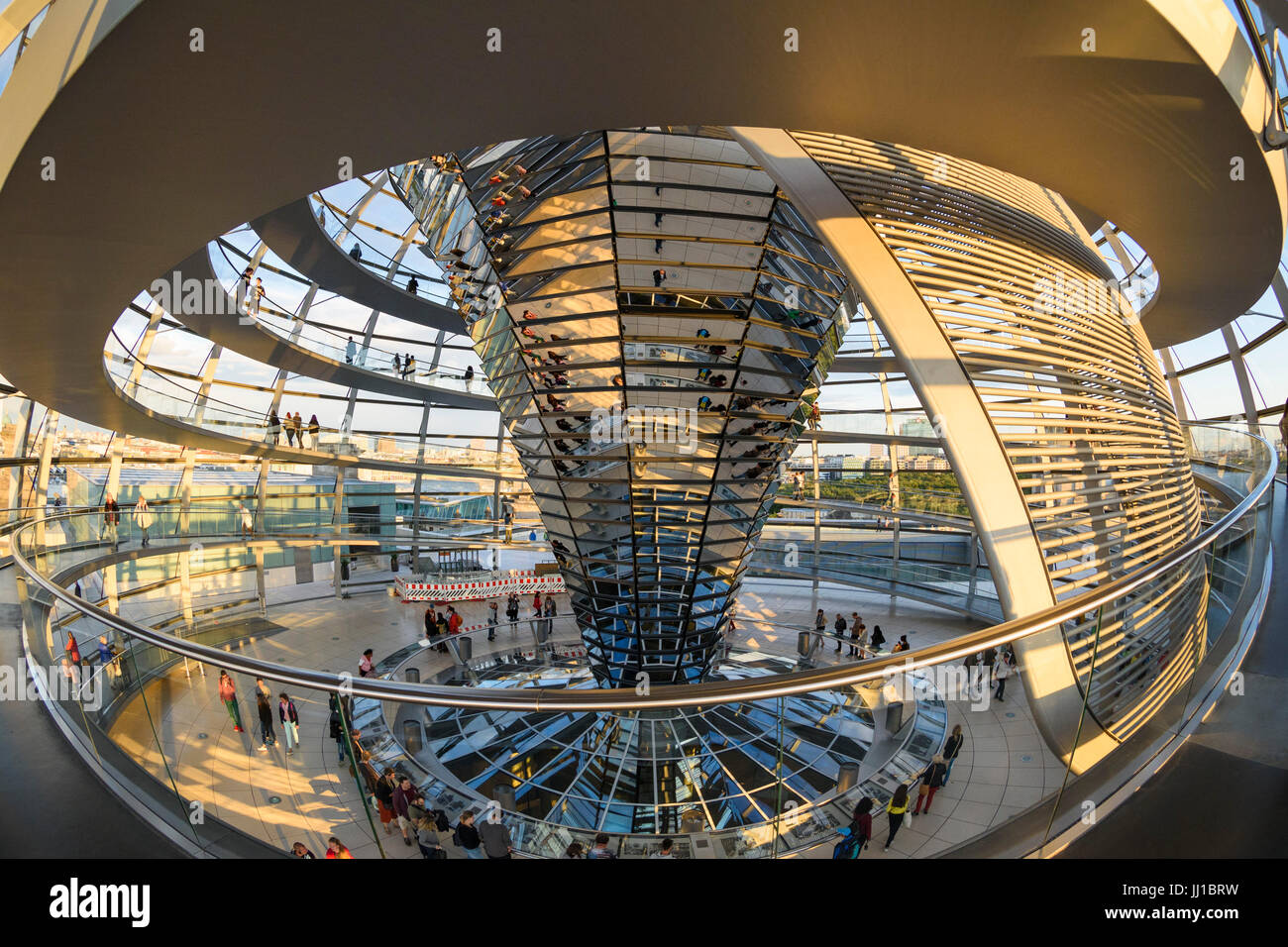 Berlin. Germany. Interior of the Reichstag dome and spiral ramp at sunset. Stock Photo