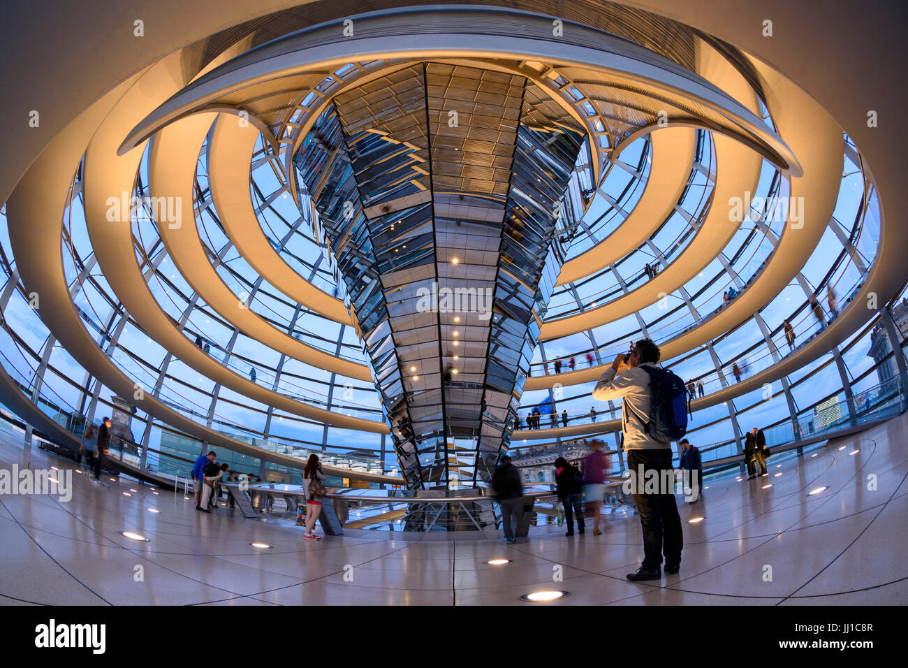 Berlin. Germany. Interior of the Reichstag dome and spiral ramp at sunset. Stock Photo