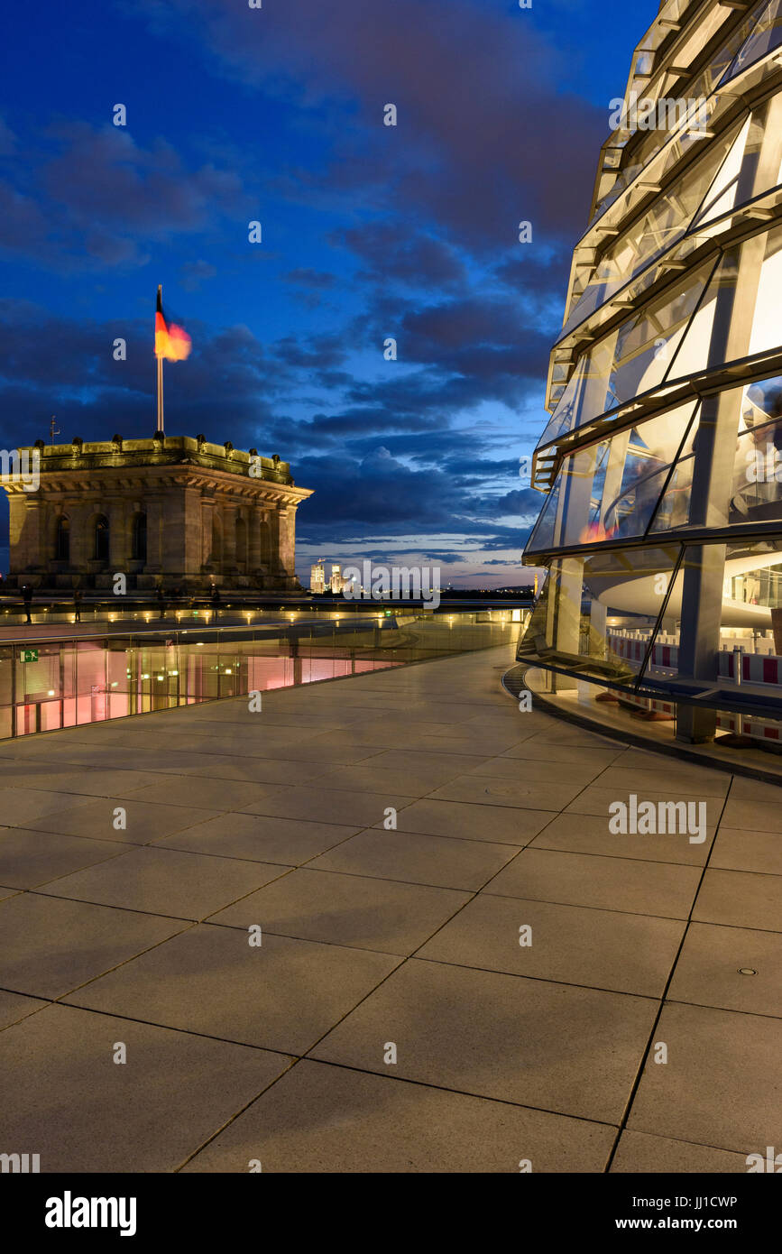 Berlin. Germany. Exterior of the Reichstag dome and roof terrace at night. Stock Photo