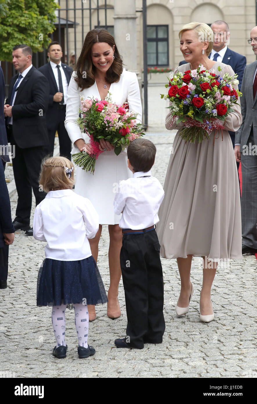 The Duchess of Cambridge meets young wellwishers with Poland's First Lady Agata Duda at the Presidential Palace in Warsaw, Poland, on the first day of her five-day tour of Poland and Germany. Stock Photo