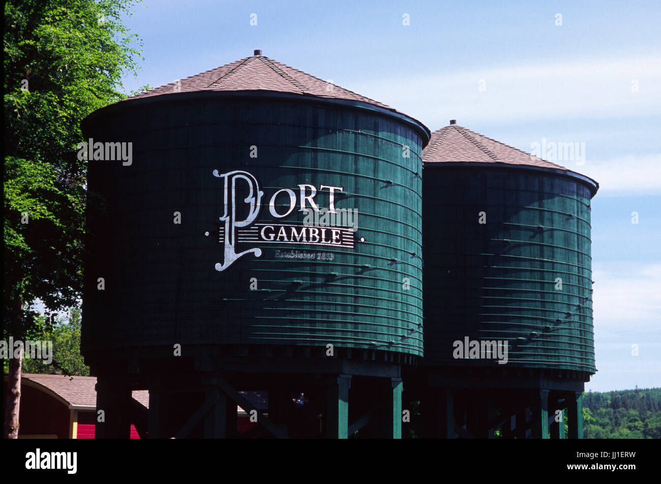 Water tanks, Port Gamble, Washington Stock Photo