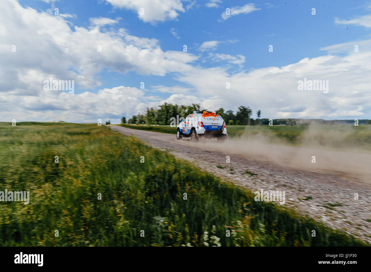 Dust Rally Road rally car driving on a dust road in green grass and blue sky during ...