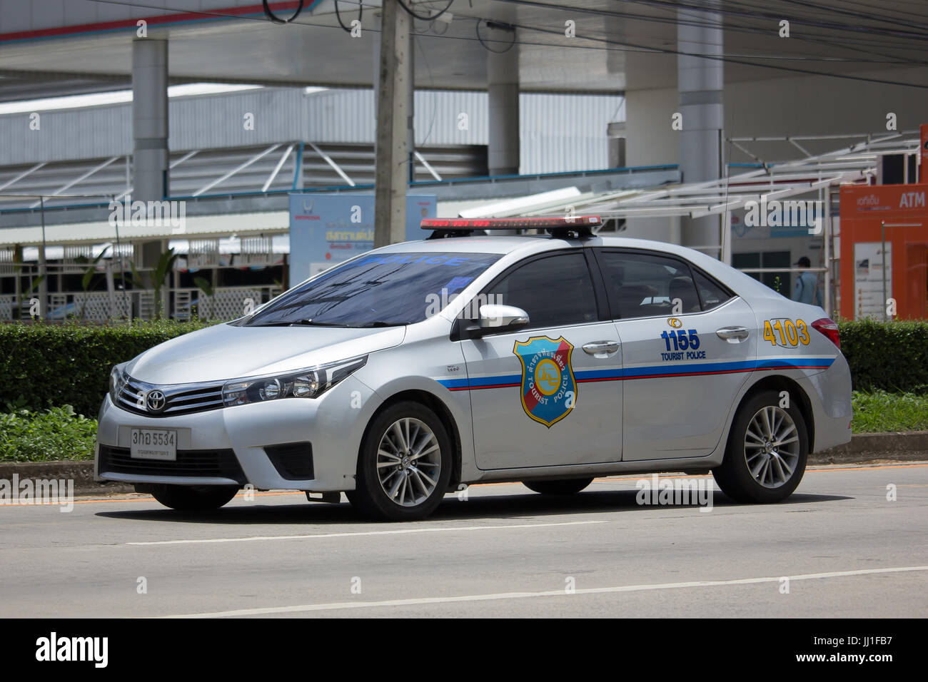 CHIANG MAI, THAILAND - JULY 16  2017: Police Car of Tourist Police.Toyota Corolla Altis. Photo at road no 1001 about 8 km from downtown Chiangmai thai Stock Photo