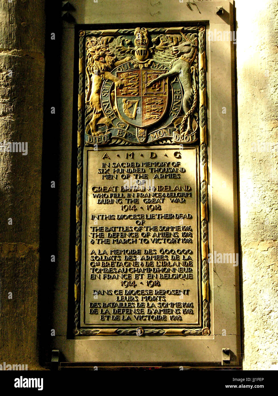 Various Memorial Plaques of WWI defenders of Amiens, France, on 5/7