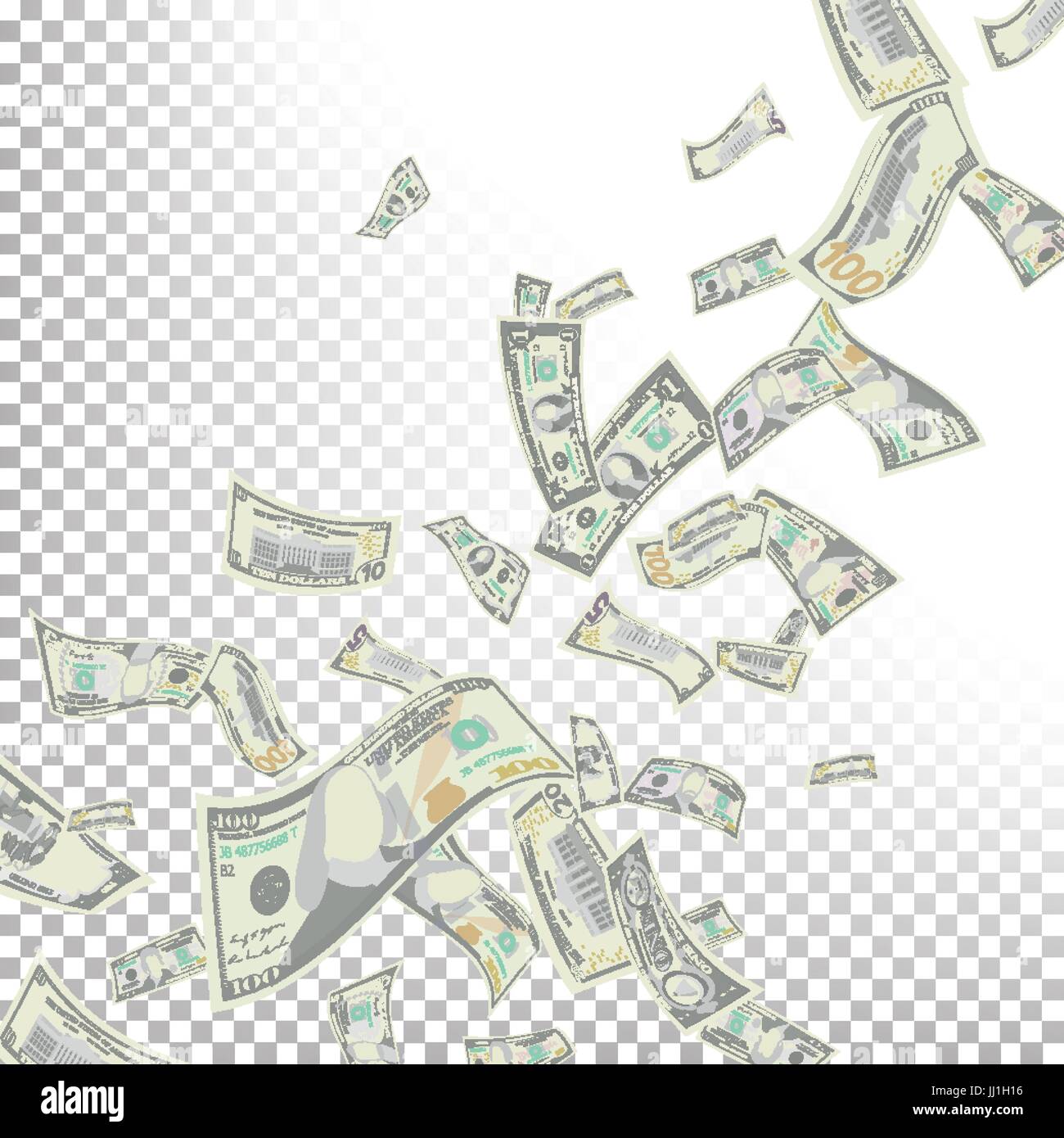 Flying Dollar Banknotes Vector. Cartoon Money Bills Banknotes. Falling Finance. Rain From Dollars Isolated. Transparent Background. Illustration Stock Vector