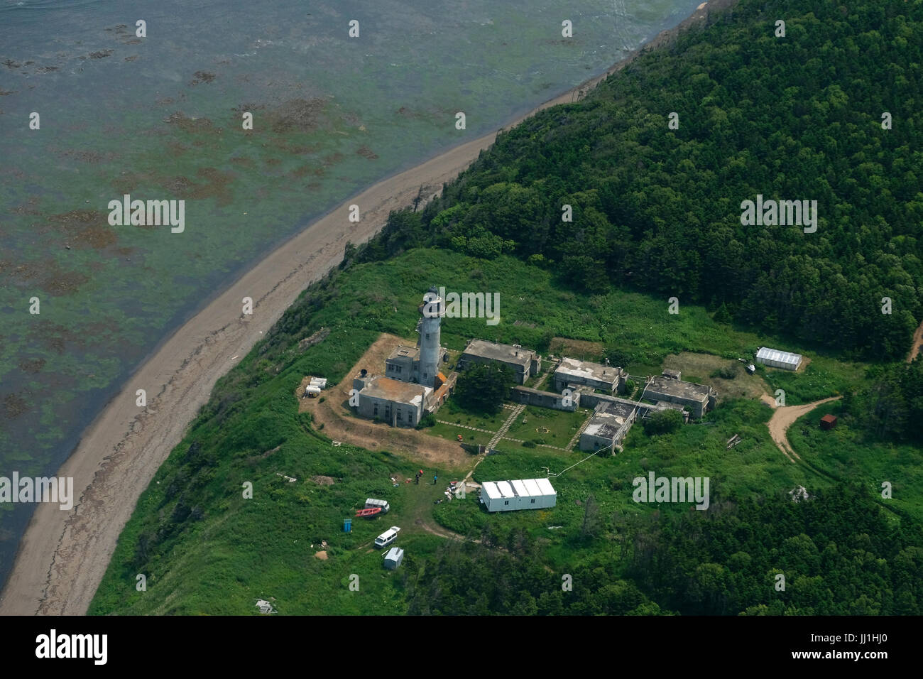 Aerial view of a lighthouse at the Korsakov District southeastern side