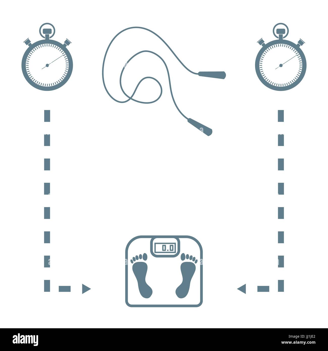 Stylized icon of the with scales, two stopwatch, arrows, skipping rope ...