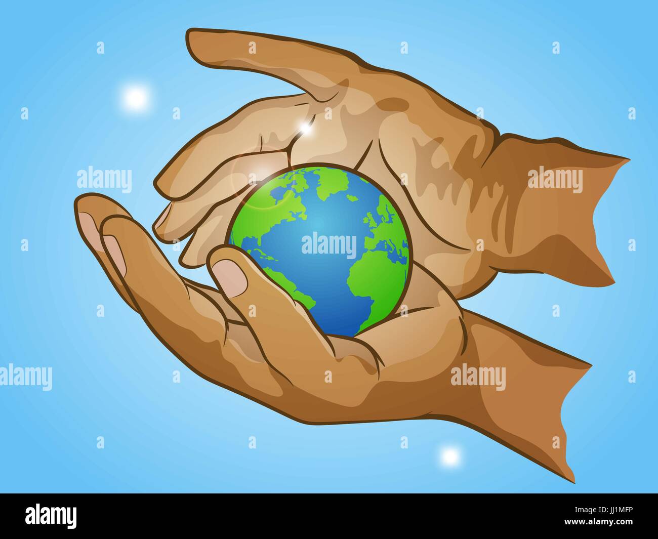 two hands holding planet Earth, cherish the globe, hand drawn vector illustration Stock Vector