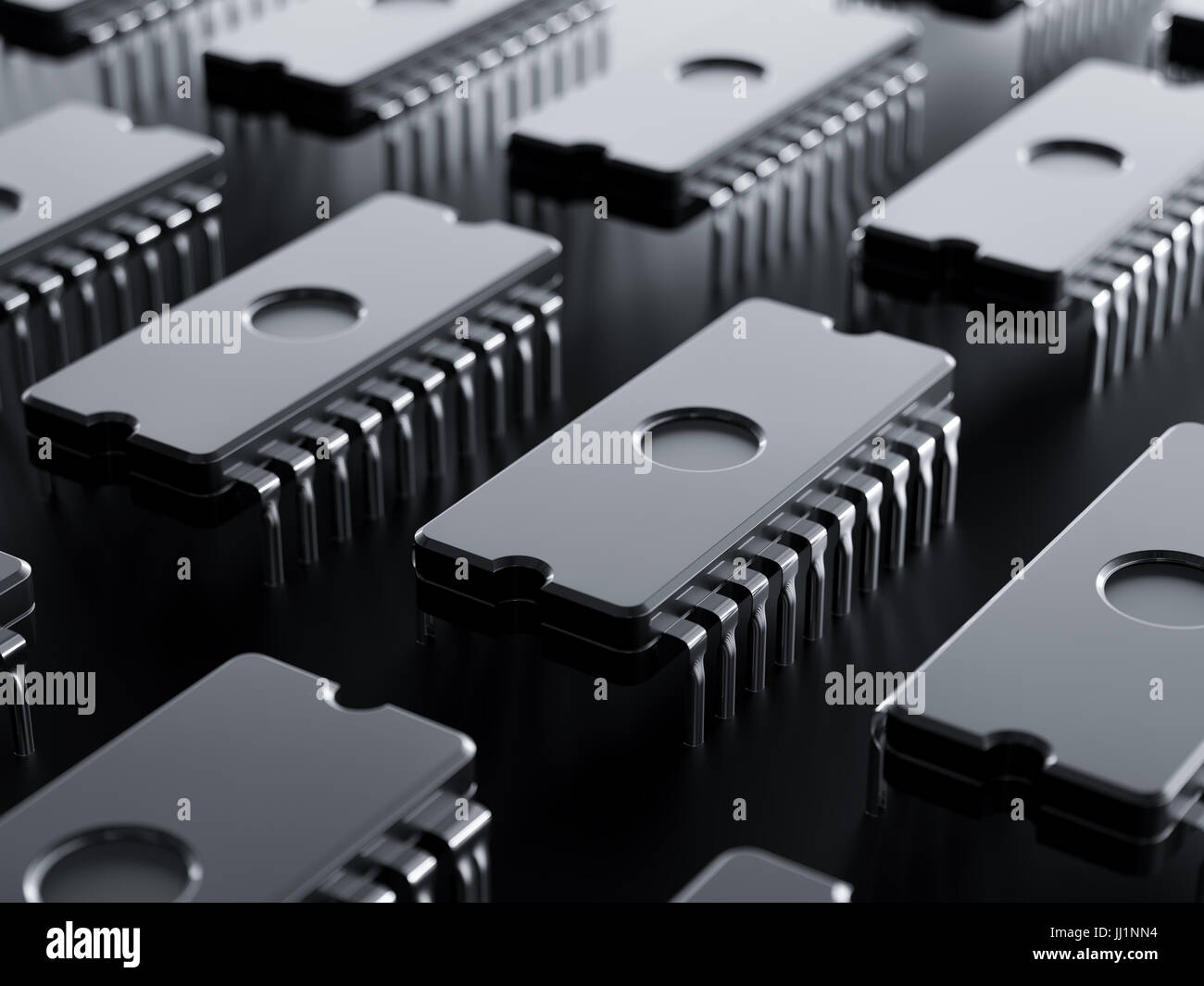 Integrated circuit raw isolated on black base plate. 3d rendering