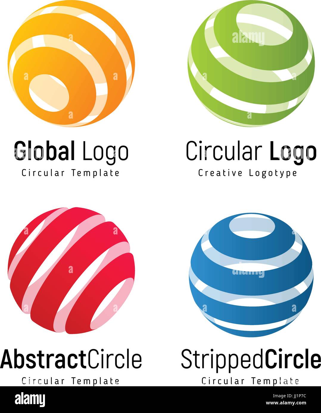 Orange global logo template, green circular simple logotype, red abstract circle company sign, blue stripped round shape. Swirl vector icons set Stock Vector