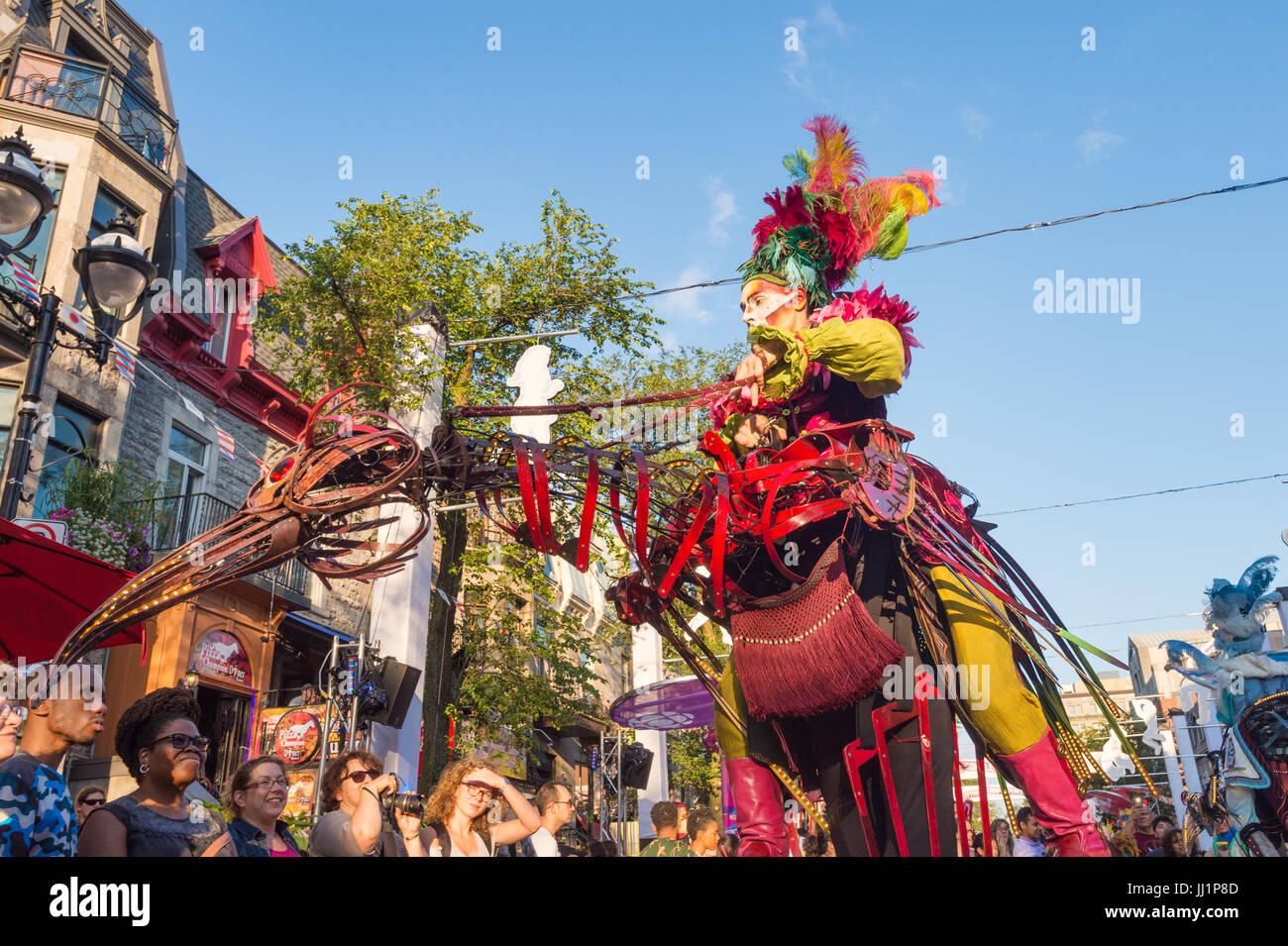 Montreal, Canada - 15 July 2017: 'Les Oiseaux' on Saint Denis Street during Montreal Circus Arts Festival 2017 Stock Photo