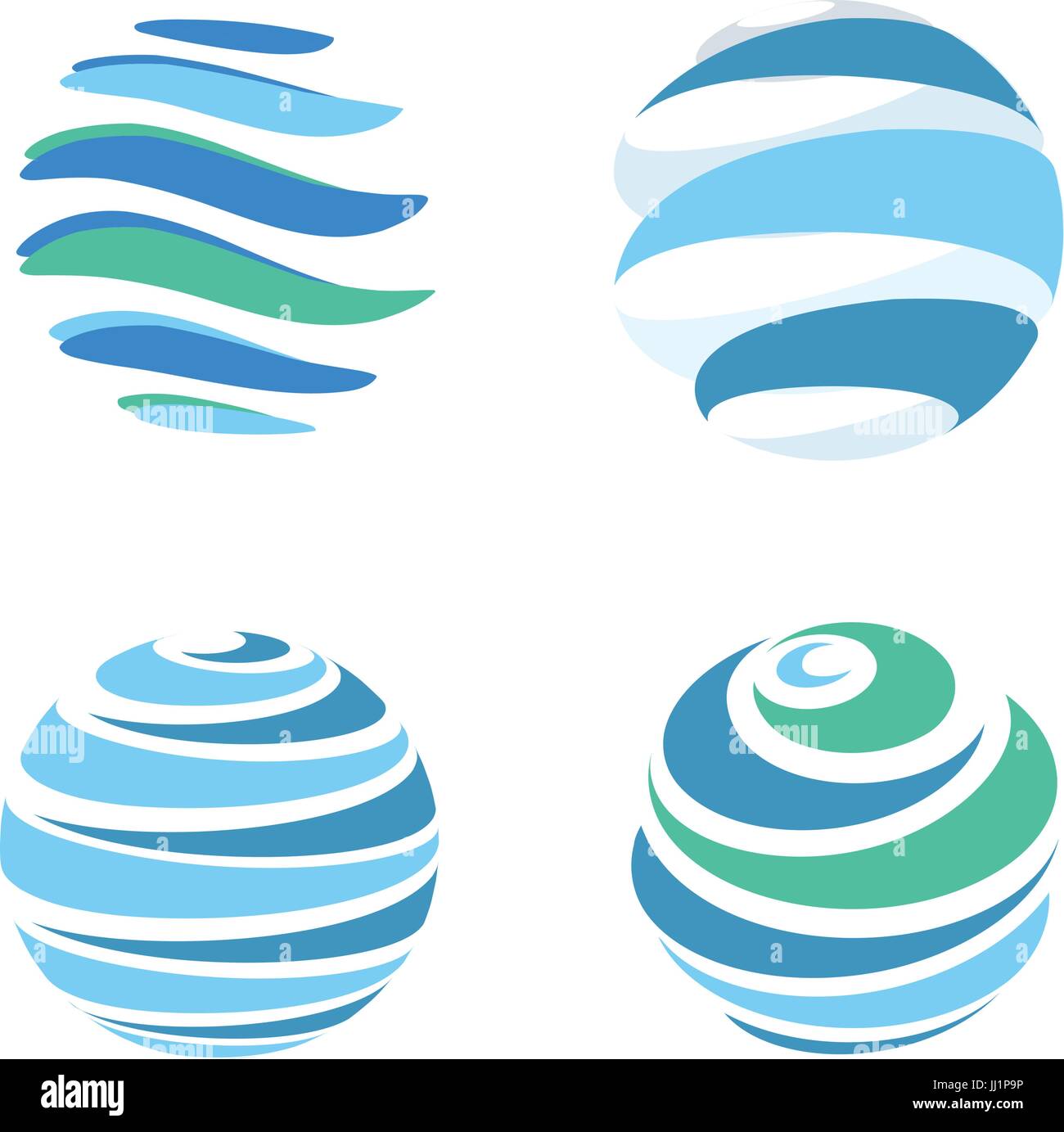 Abstract blue global planet stripped vector logos template set. Rotating blue strips, circular planet in motion around its axis. Miscellaneous univers Stock Vector