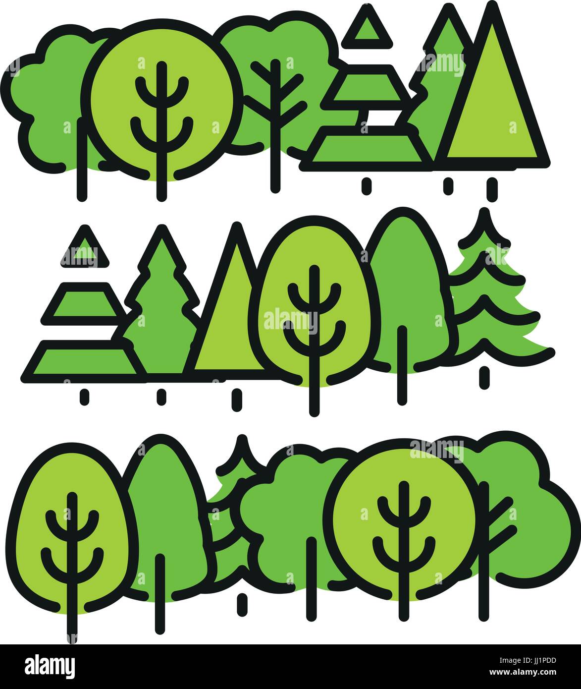 Isolated green color trees in lineart style set, forest,park and garden flat vector illustrations collection. Stock Vector