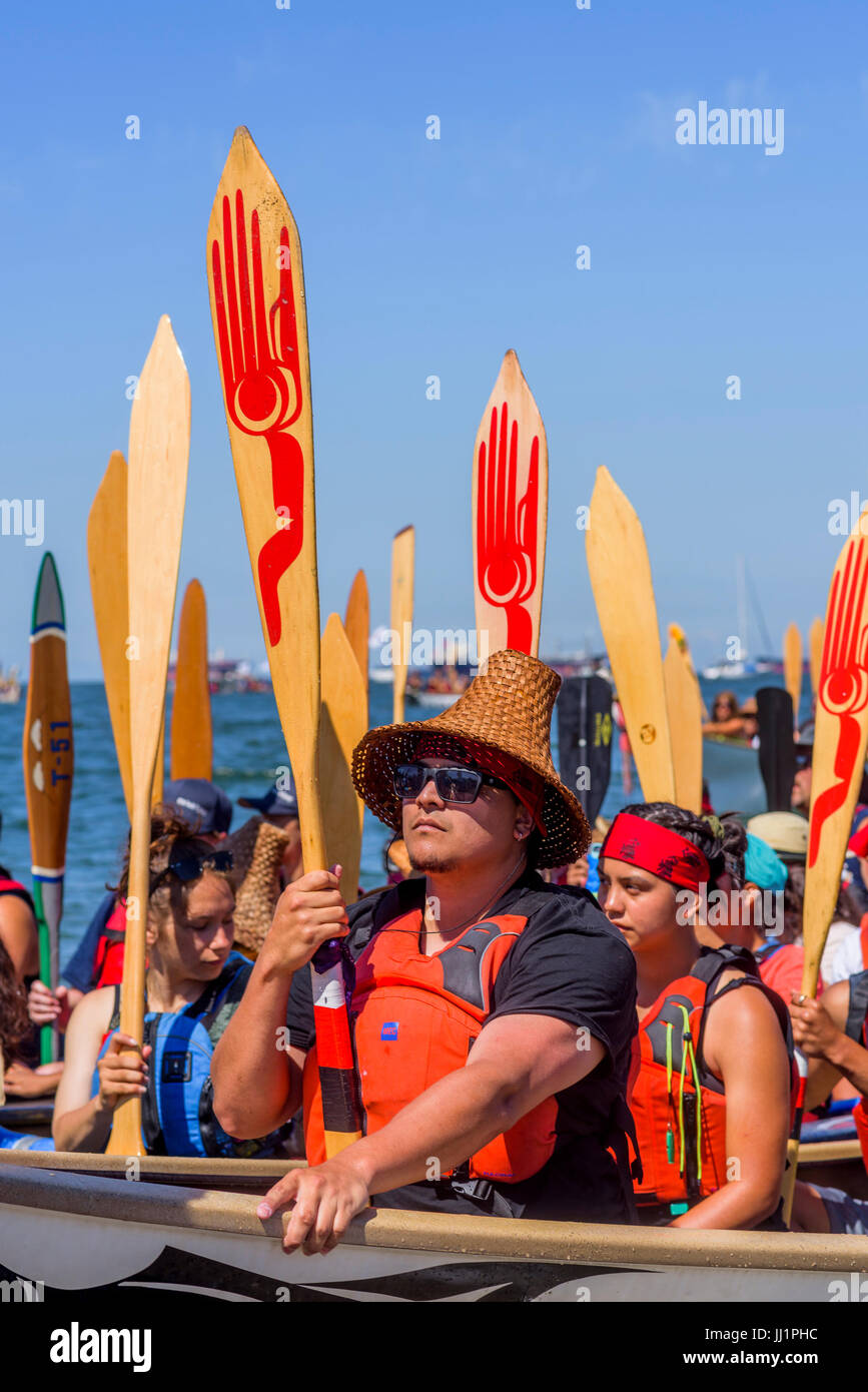 Gathering of Canoes, Canada 150+, Hadden Park / Vanier Park, Vancouver, British Columbia, Canada. Stock Photo