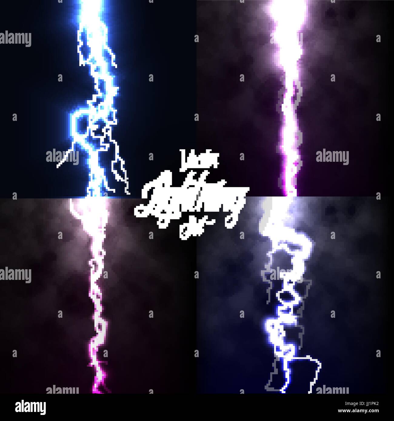 Lightning flash light thunder spark on black background with clouds set ...