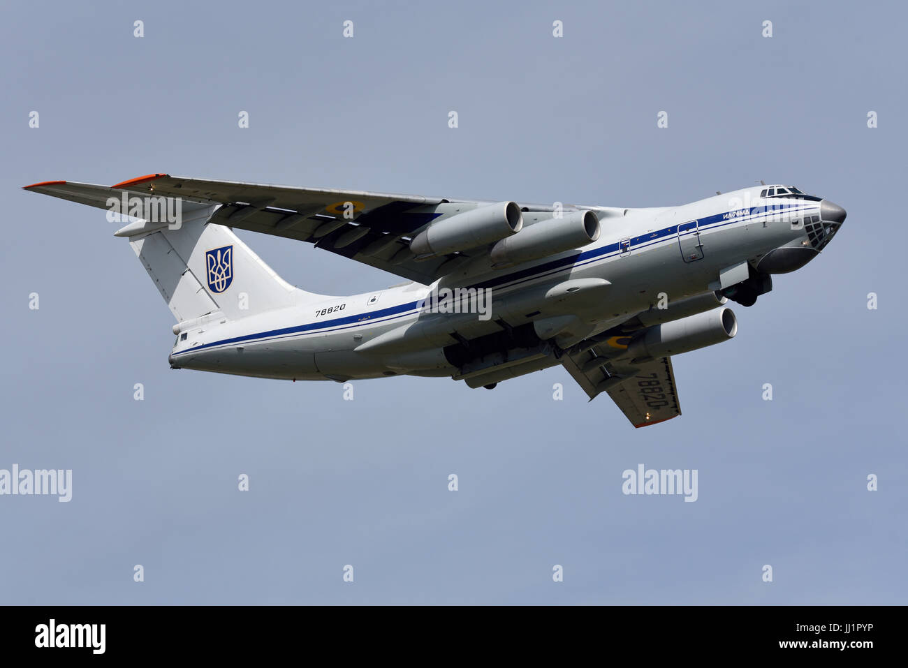 Ilyushin Il-76 Candid transport plane of the Ukrainian Air Force departing RAF Fairford after the Royal International Air Tattoo Stock Photo