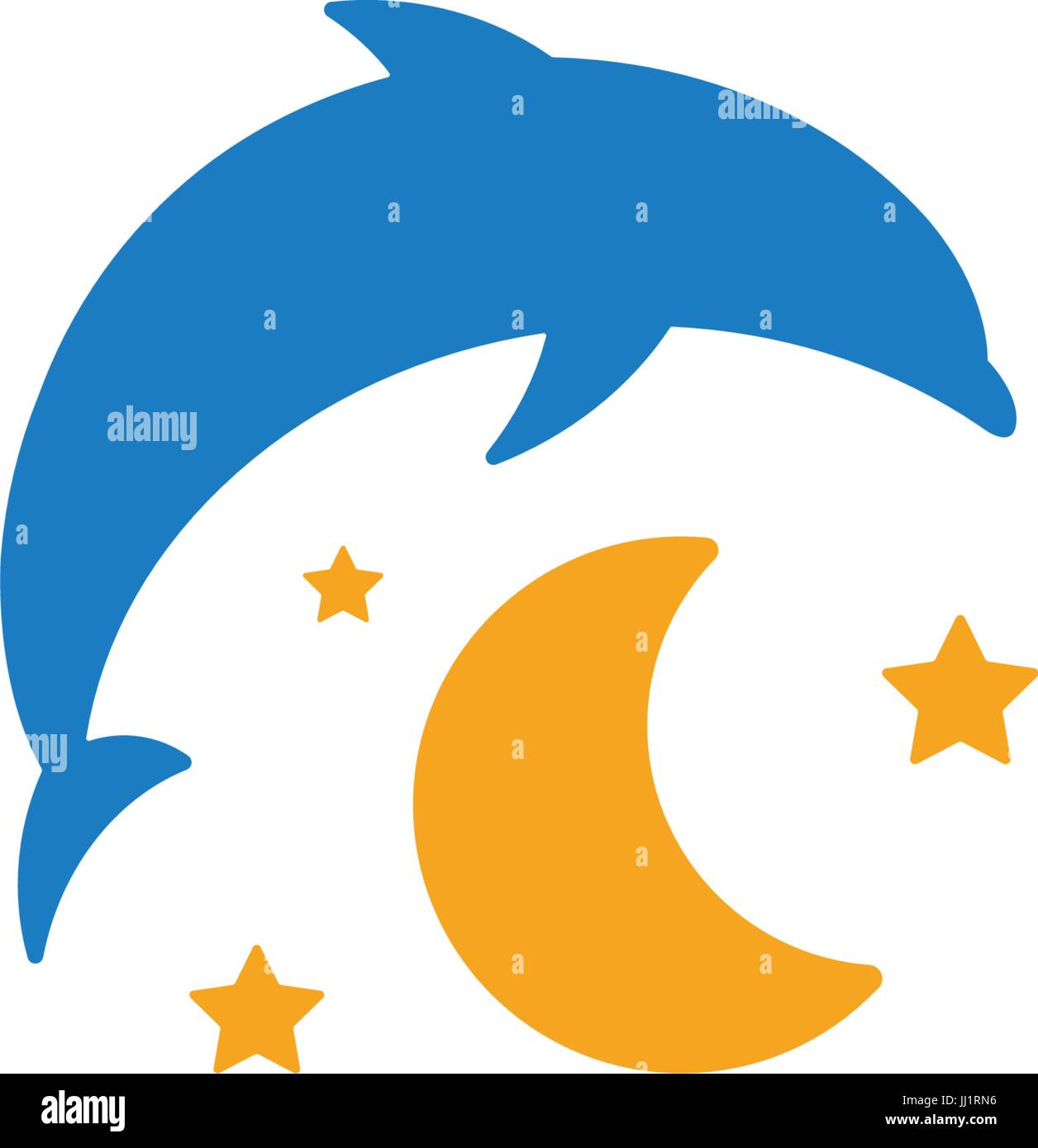 Blue dolphin, yellow moon and starry sky logo on white background. Children night light, sleep vector illustration Stock Vector