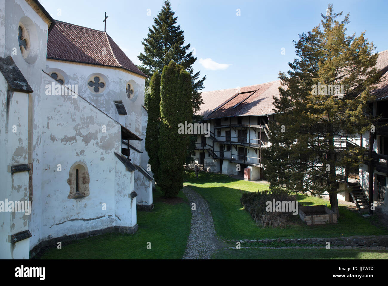 Inner courtyard and wall rooms at Prejmer fortified church, Romania Stock Photo