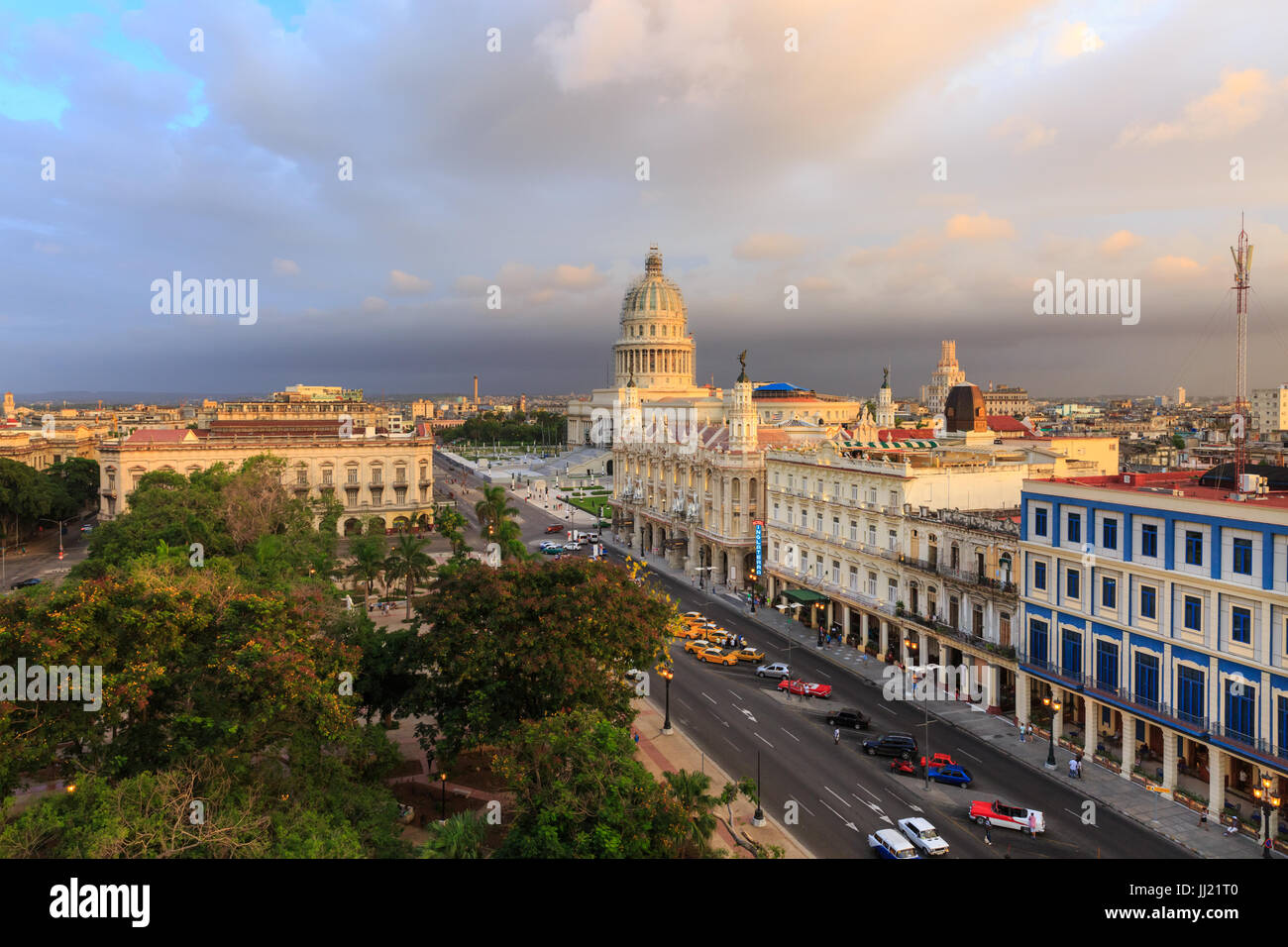 Evening view of El Capitolio, Gran Teatro de la Habana, Parque Central and La Habana Vieja, Old Havana, Cuba Stock Photo