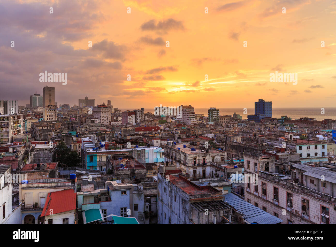 Sunset over Old Havana, La Habana Vieja from above, historic old town rooftop view, Havana, Cuba Stock Photo