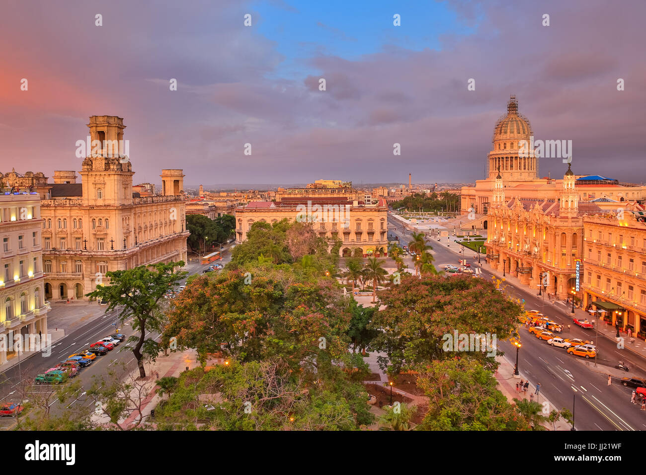Sunset over El Capitolio, Gran Teatro de la Habana, Parque Central and La Habana Vieja, Old Havana  from above, Havana, Cuba Stock Photo