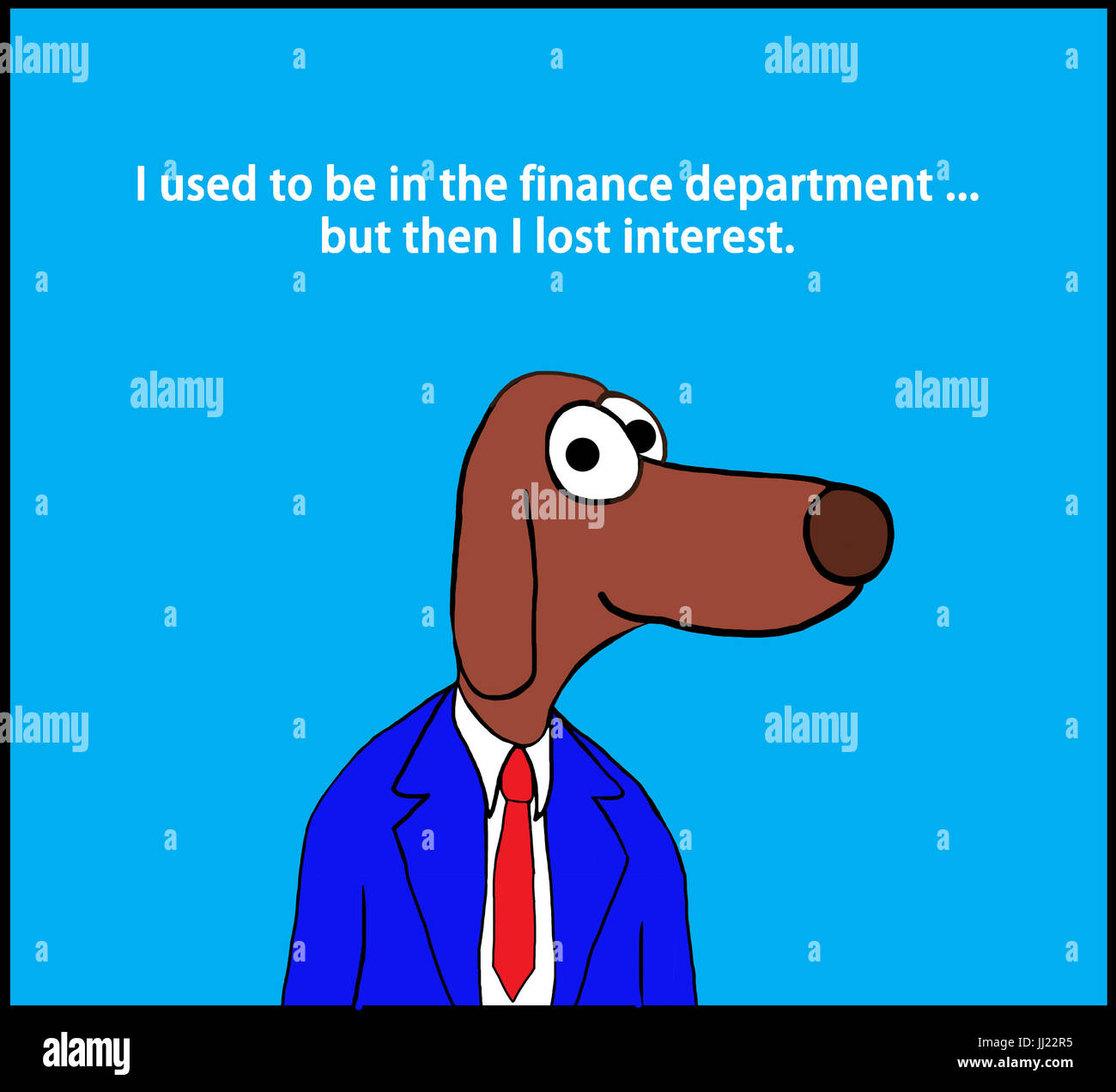 Business cartoon about a worker dog and a pun about finance. Stock Photo