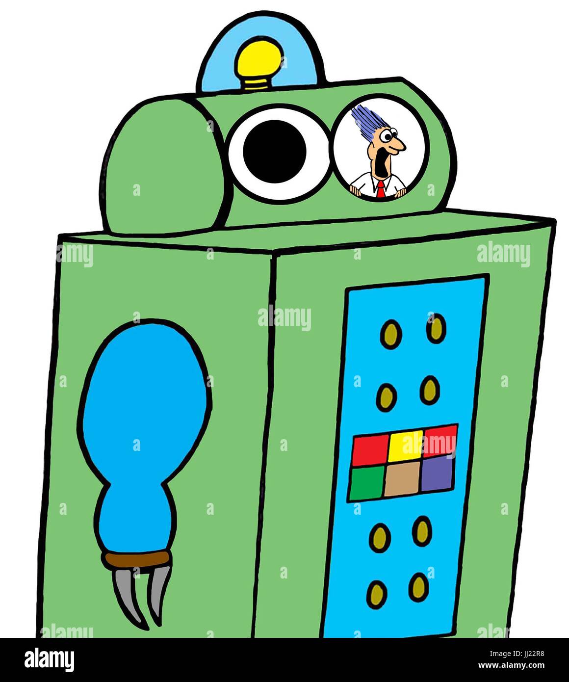 Technology cartoon illustration of a robot with a frightened worker inside of it. Stock Photo