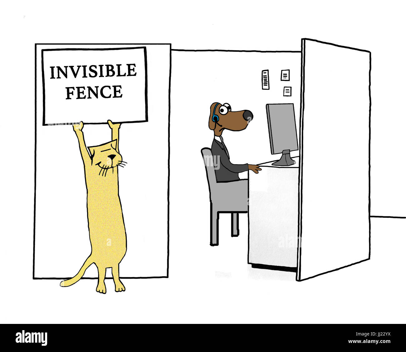Business cartoon illustration about a worker dog trapped inside his cubicle. Stock Photo