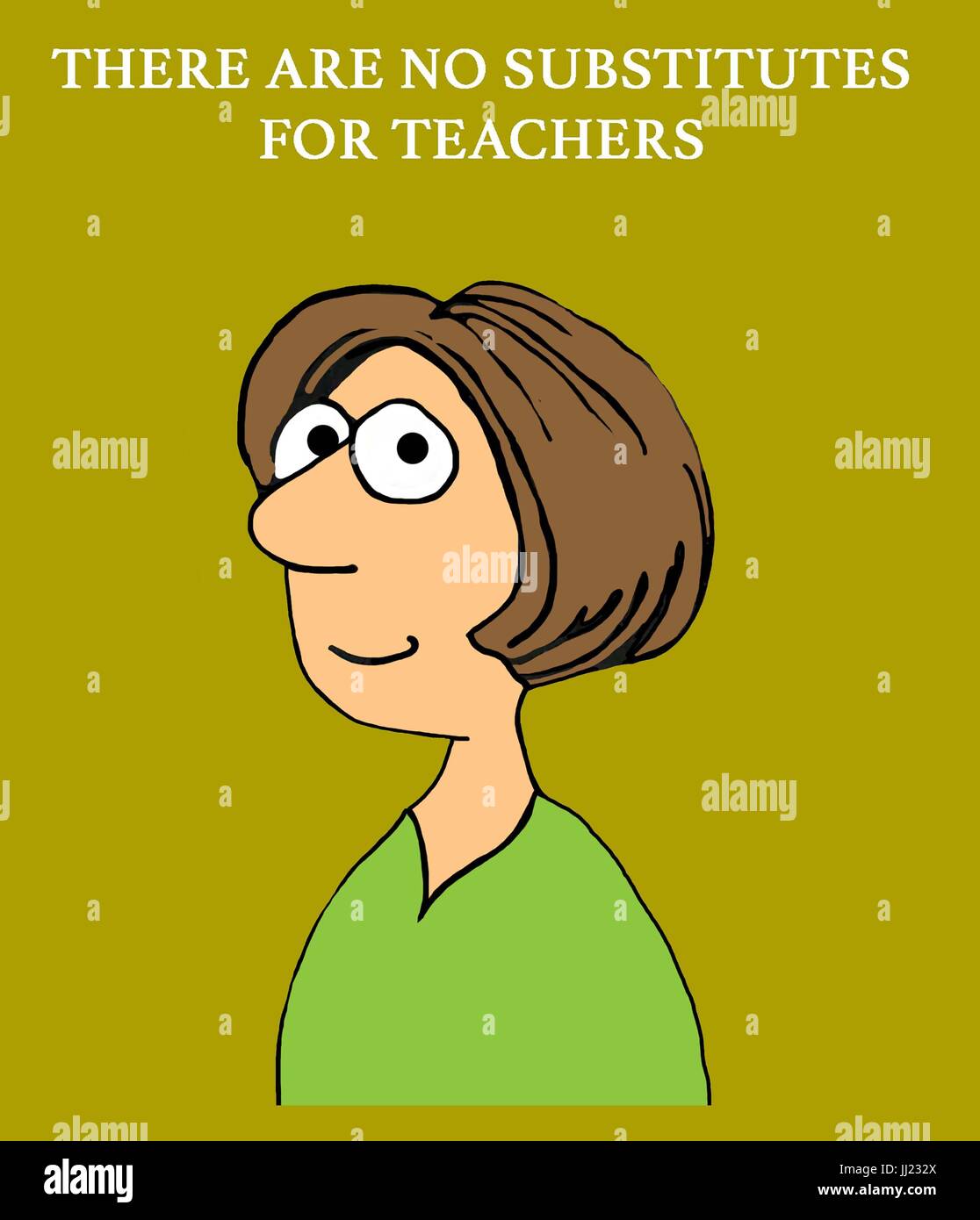 Education cartoon illustration of a woman and 'no substitute for teachers'. Stock Photo