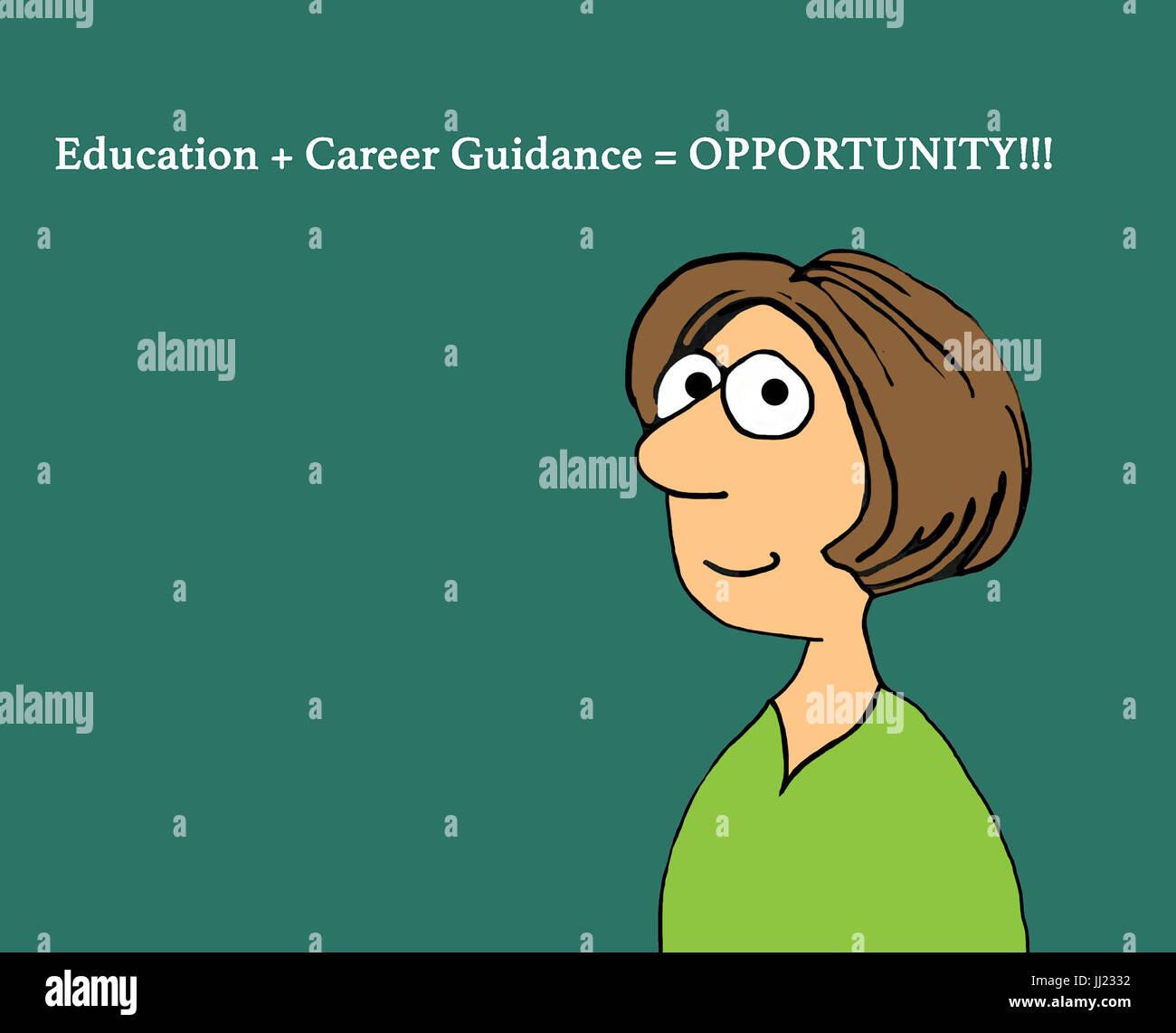 Education cartoon illustration of a smiling woman and 'opportunity'. Stock Photo