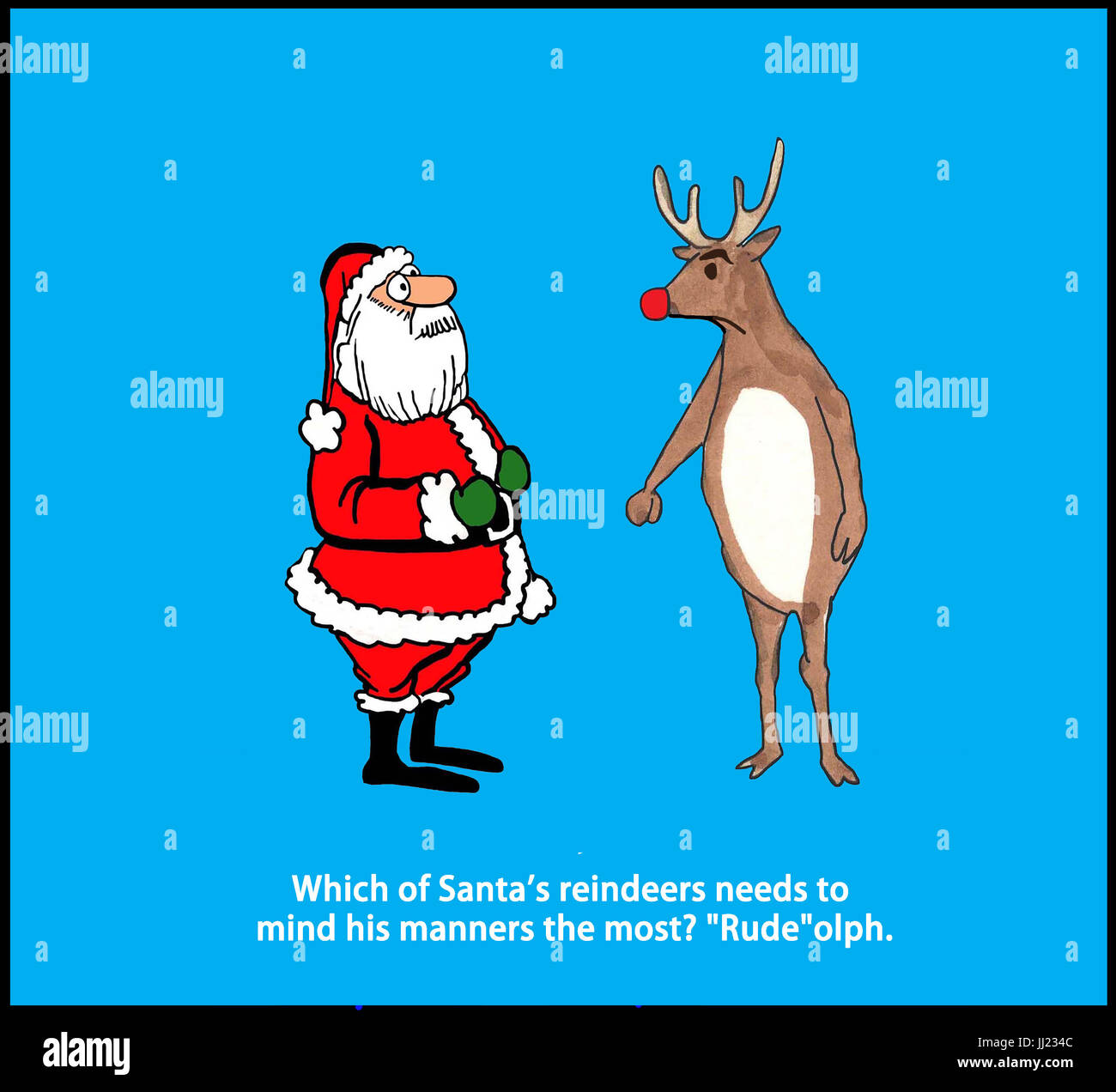 Christmas cartoon illustration of Santa Claus and the red-nosed reindeer and a pun about bad manners. Stock Photo